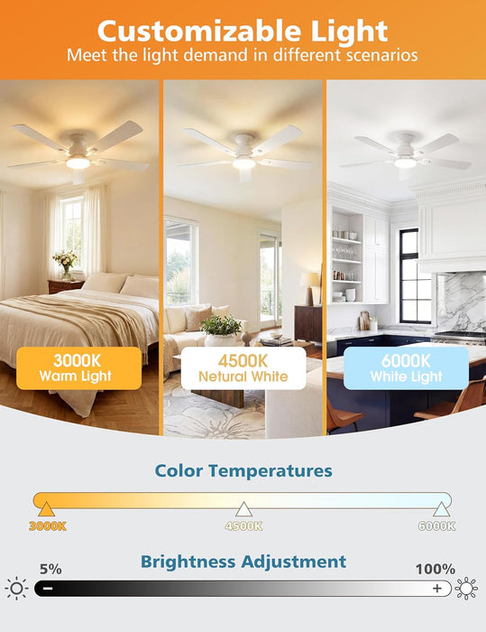 52 Inch Ceiling Fan with Lights Flush Mount, Low Profile Ceiling Fans with Lights, Remote&App Control,Dimmable 22W LED Light,Queit&Reversible Fan, White Ceilings Fans for Bedroom, Living Room