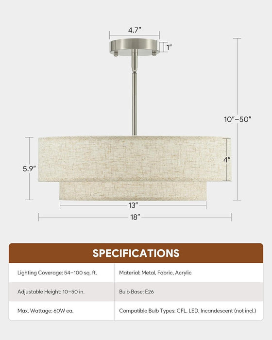 Modern Chandeliers, 18" Drum Chandeliers with 2-Layer Fabric Shade, 4-Light Pendant Light Fixture with E26 Base, Light Fixture for Dining Room Bedroom Living Room, Linen Shade & Nickel Finish