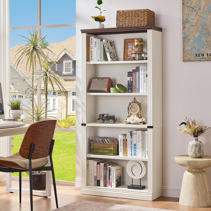 70" White Tall Book Shelf, 5 Tier Wooden Farmhouse Bookcase | Adjustable Shelves Book Case, Open Display Storage, Wood Veneer Bookshelves, Thick Sturdy Base, for Living Room,Office