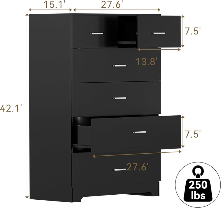 Black Contemporary Six Drawer Dresser With Outlets