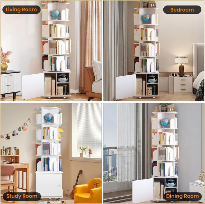 6 Tier Rotating Bookshelf Spinning Bookshelf Tower | 360° Revolving Bookcase with Storage Cabinet Corner Organizer Storage round Carousel with Wheels, White