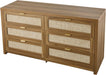 Large Boho Dresser for Bedroom, 57" Wide Rattan Dresser 6 Drawer with Ample Storage, Modern Wood Chest of Drawers Closet TV Stand Dressers for Living Room, Walnut Oak