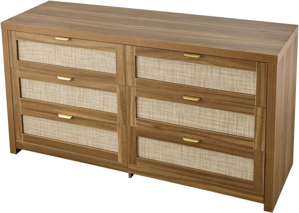 Large Boho Dresser for Bedroom, 57" Wide Rattan Dresser 6 Drawer with Ample Storage, Modern Wood Chest of Drawers Closet TV Stand Dressers for Living Room, Walnut Oak