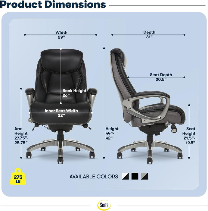 Lautner Executive Home Office Desk Chair, Ergonomic High-Back with Adjustable Lumbar & Body Pillows, Smartlayers and Comfortcoils Technology, Mesh and Bonded Leather, Black/ Gray