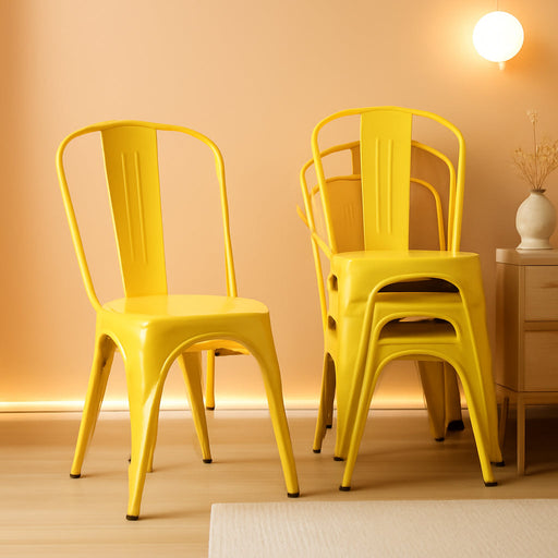 Metal Dining Chair Farmhouse Tolix Style for Kitchen Dining Room Café Restaurant Bistro Patio, 18 Inch, Stackable, Waterproof Indoor/Outdoor (Sets of 4) (Steel Seat, Yellow)