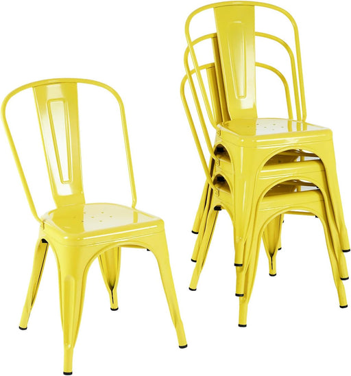 Metal Dining Chair Farmhouse Tolix Style for Kitchen Dining Room Café Restaurant Bistro Patio, 18 Inch, Stackable, Waterproof Indoor/Outdoor (Sets of 4) (Steel Seat, Yellow)