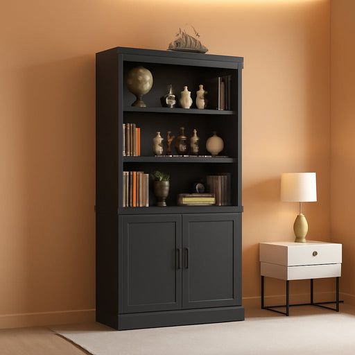 71” Tall Bookshelf and Bookcase with Doors and Adjustable Shelves | 5-Tier Storage Book Cases, Thick Wood and Sturdy, Industrial Display Cabinet for Living Room, Home Office, Bedroom, Black