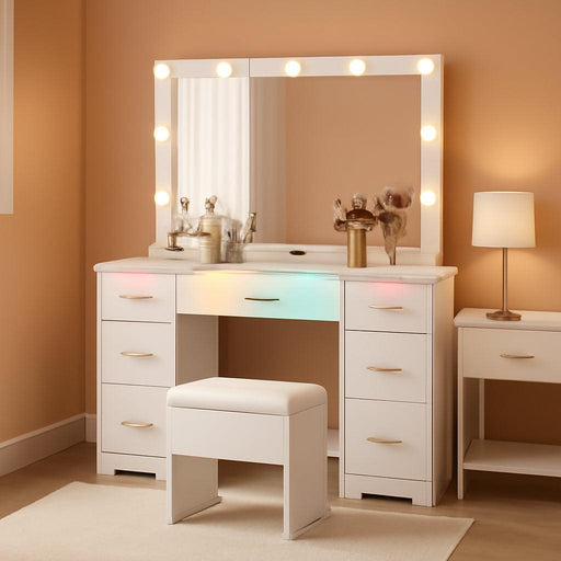 44" Vanity Desk with 38" Large Mirror and 9 LED Lights & Glass Top and Power Outlet, Makeup Vanity Set with 7 Drawers & Chair and RGB Ambient Light, Dressing Table for Bedroom, Modern White