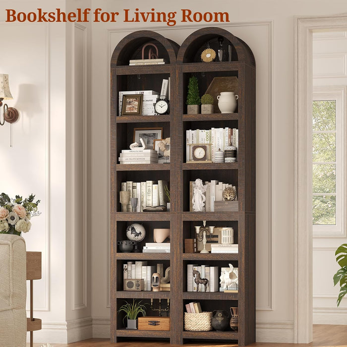 76" Tall Narrow Arched Bookcase,7-Teir Mid-Century Modern Bookshelf,Adjustable Shelves Offering More Storage Space for Living Room,Kitchen,Home Office,Walnut