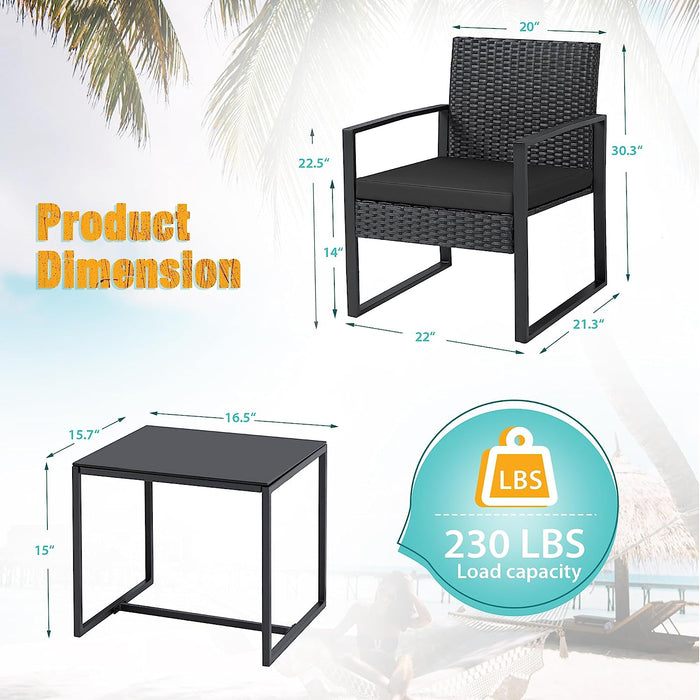 3 Pieces Patio Set Outdoor Wicker Furniture Sets Modern Rattan Chair Conversation Sets with Coffee Table for Yard and Bistro (Black)