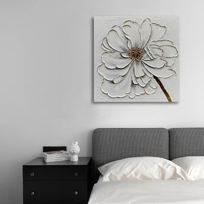 Art 24X24 Inches Hand-Painted Golden Texture White Flower Oil Painting. Modern Abstract Art. Suitable for Decoration on Walls of Living Room, Bedroom or Office