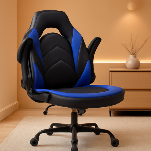 Computer Gaming Desk Chair - Ergonomic Office Executive Adjustable Swivel Task PU Leather Racing Chair with Flip-Up Armrest for Adults, Kids, Men, Girls, Gamer, Black Blue