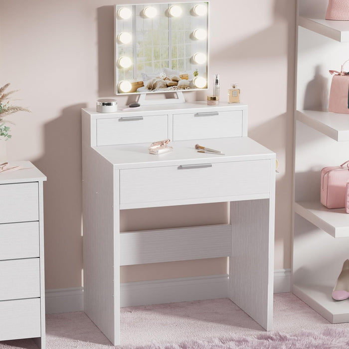 White Makeup Vanity Desk with Hollywood Mirror and Lights, Girls Compact Make up Table with Drawers and Outlet for Bedroom Small Space