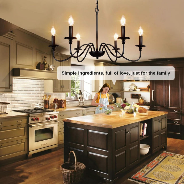 Farmhouse Chandelier for Dining Room: 6-Light Black Industrial Kitchen Island Pendant Light Fixture with 6 E12 Bulbs - Rustic Candle Chandeliers Vintage Modern Hanging Ceiling Lamp for Bedroom