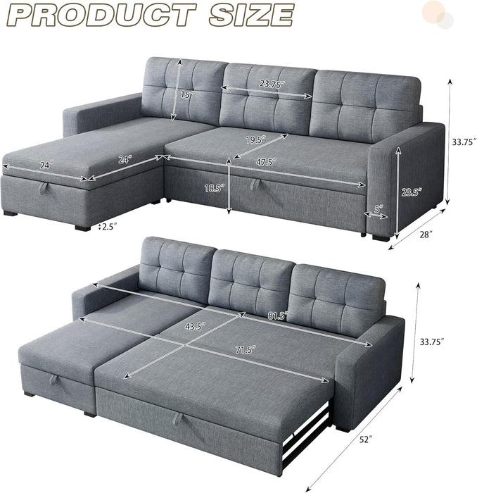 Light Grey Sectional Sofa Bed L-Shaped, 81.5", Storage