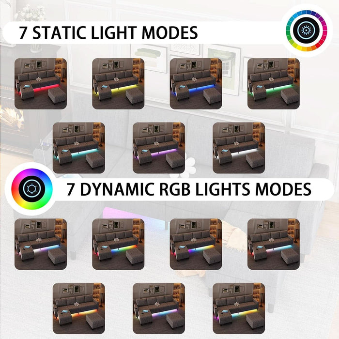 Sectional Couches for Living Room, 4 Seat Linen Sectional Sofa with Reversible Chaise Lounge/Storage Ottoman, U Shaped Couch with Smart Module-Wireless Charging/Usb/Type-C/Rgb Light (Light Grey)