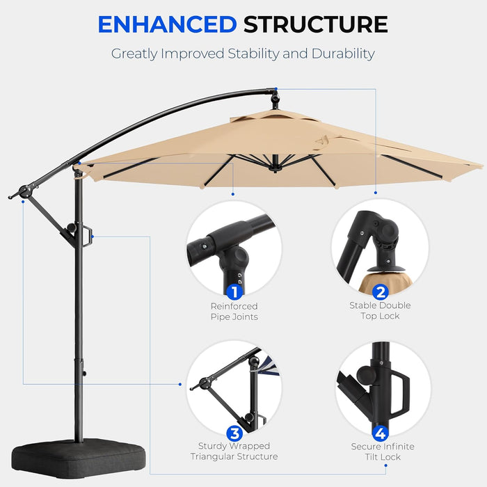 10Ft Cantilever Patio Umbrella with Base Included, 30 MPH Wind-Resistant Offset Outdoor Hanging Umbrella with 45 Degree Infinite Tilt and Smooth Crank, 260Gsm Solution-Dyed 8-Year Fade-Resistant Canopy for Backyard Pool Deck, Beige