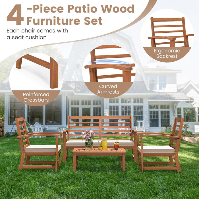 4 Pieces Outdoor Furniture Set, Acacia Wood Conversation Set W/Soft Seat Cushions, Stable Acacia Wood Frame, Patio Sofa & Coffee Table Set for Backyard, Porch, Poolside (White)