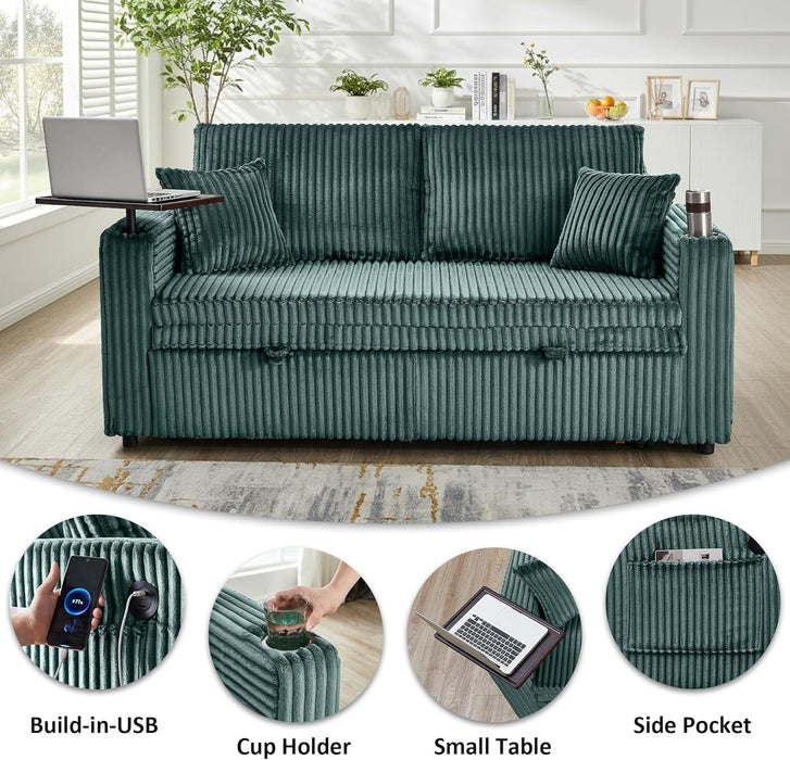 65Inch Sleeper Sofa Bed CorduroyFabric Emerald Green