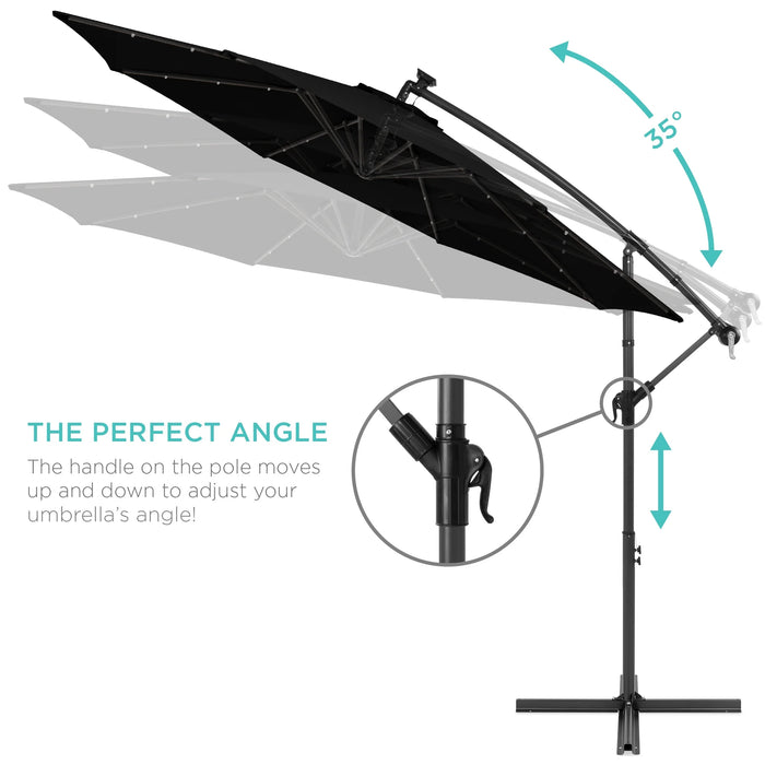 10Ft Solar LED Offset Hanging Outdoor Market Patio Umbrella W/ Adjustable Tilt - Black