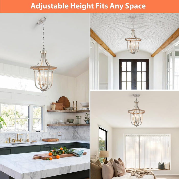 12.6" Modern Chandelier Farmhouse 4 Light Geometric Cage Pendant Hanging Lighting Fixture Adjustable Height Brushed Nickel and Wood Grain Finish for Dining Room Living Room Foyer