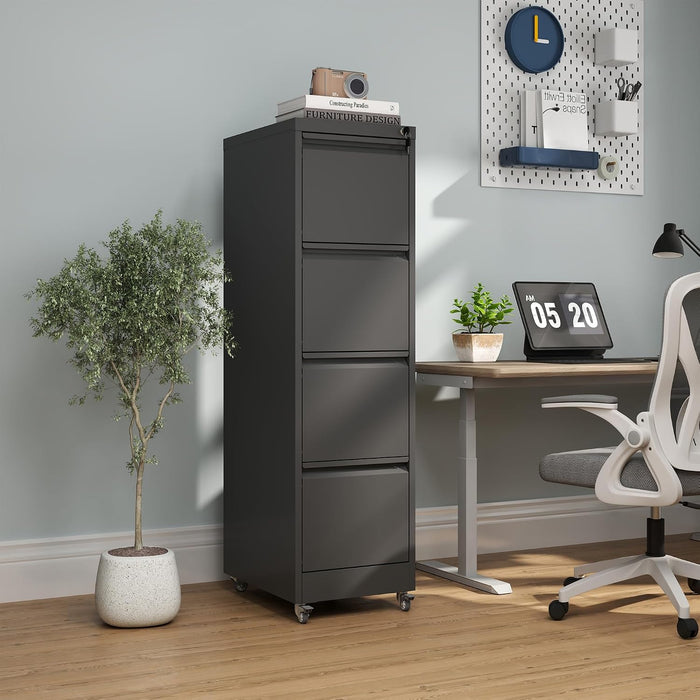 4 Drawer Mobile File Cabinet with Lock,Black Metal Filing Cabinets