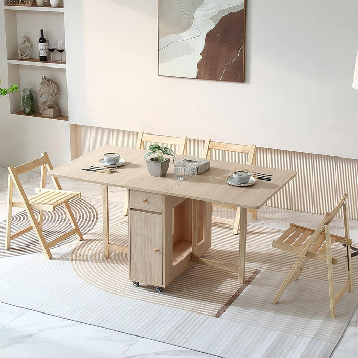 Drop Leaf Folding Dining Table with Storage, Wheels, Space Saving | Foldable Design, 18Mm Thick Plywood, 300 Lbs Capacity, Locking Wheels, Farmhouse Style, for Living Room Kitchen Small Spaces