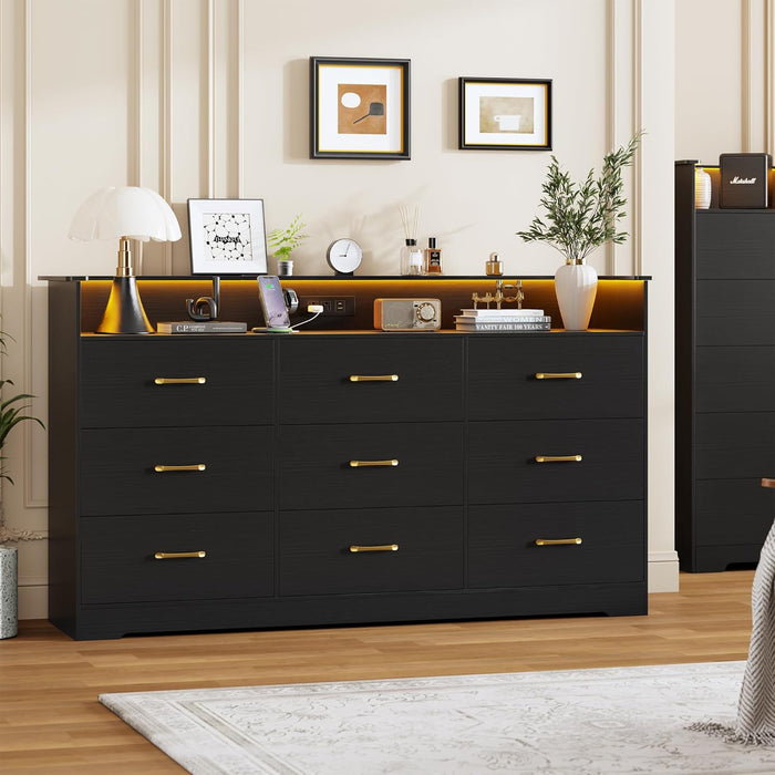 9 Drawer Dresser for Bedroom - 65” Wide Chest of Drawers with LED Light and Charging Station, Modern Large TV Stand Cabinet Organizer with Open Shelf for Living Room, Entryway, Hallway, Black