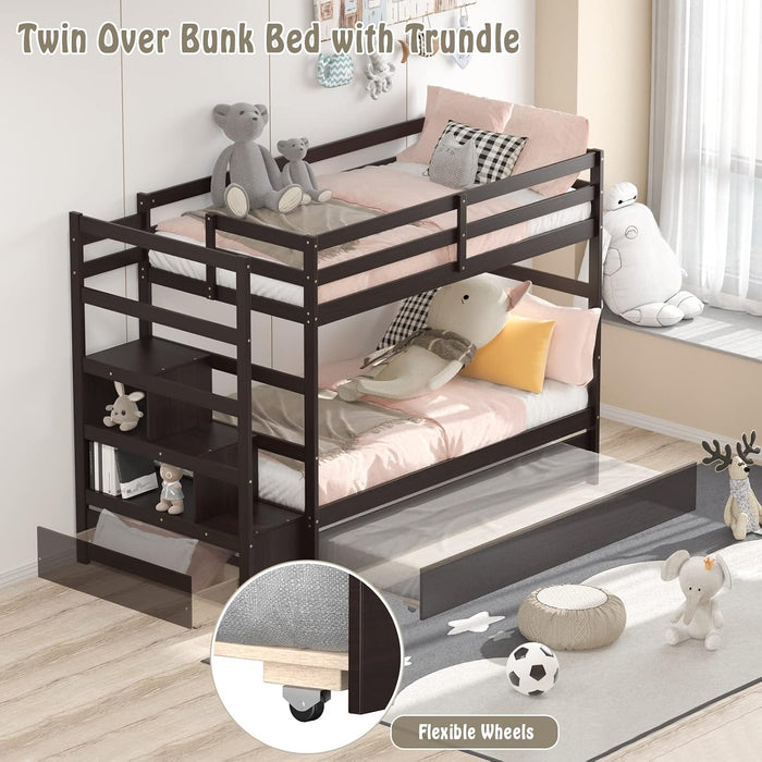 Espresso Solidwood Twin Bunk Bed With TrundleStorage
