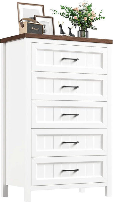 5 Drawer Dresser for Bedroom - Farmhouse 44.9" Tall Chest of Dresser with Large Storage, Rubst Wood Construction for Living Room, Hallway & Entryway - White (White & Brown)
