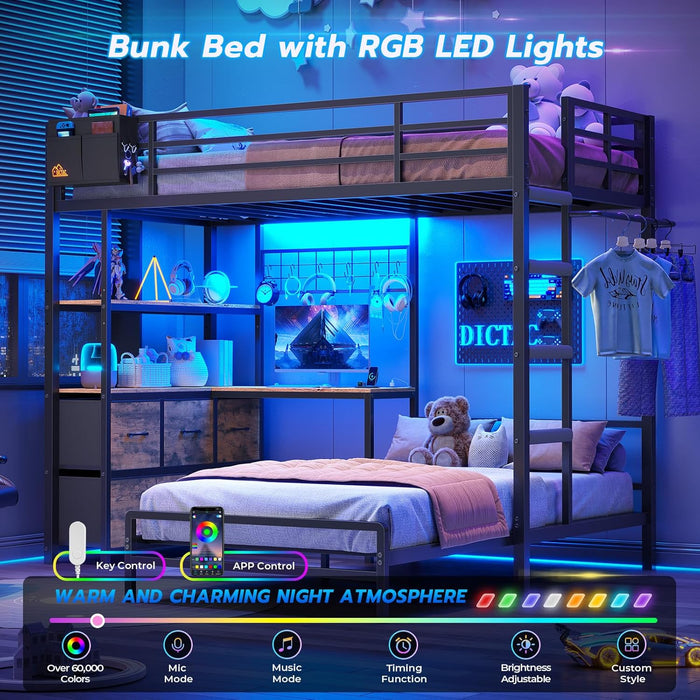 Black ExtraLongXL Over Twin Bunk Bed WithLEDLightingStorage