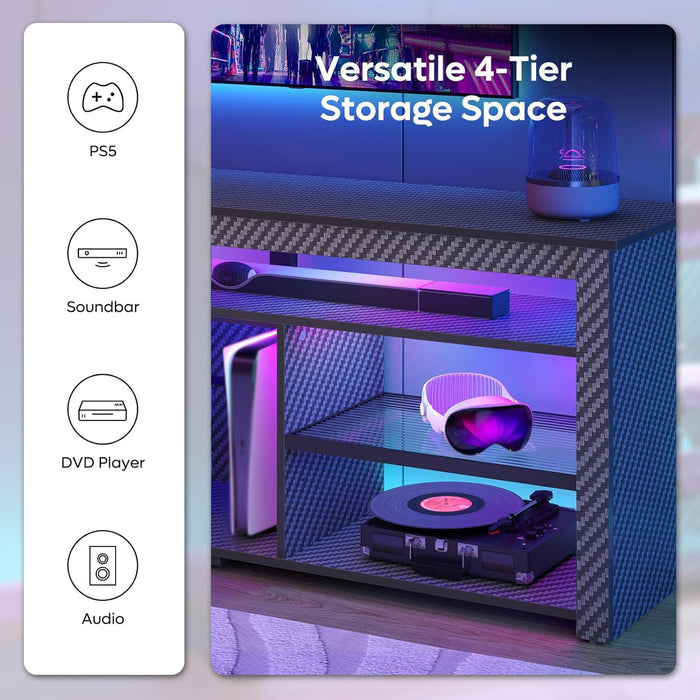 TV Stand for 70 Inch TV, Tall Entertainment Center with 2 Led Lights, Gaming TV Console with Storage for PS5, Modern TV Cabinet for Bedroom, Living Room, Black Carbon Fiber