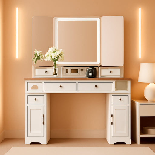 Corner Vanity Desk with Mirror and Lights,Makeup Vanities with Power Outlet and 6 Drawers, 3 Light Settings, Dimmable for Women Girls, Bedroom, White