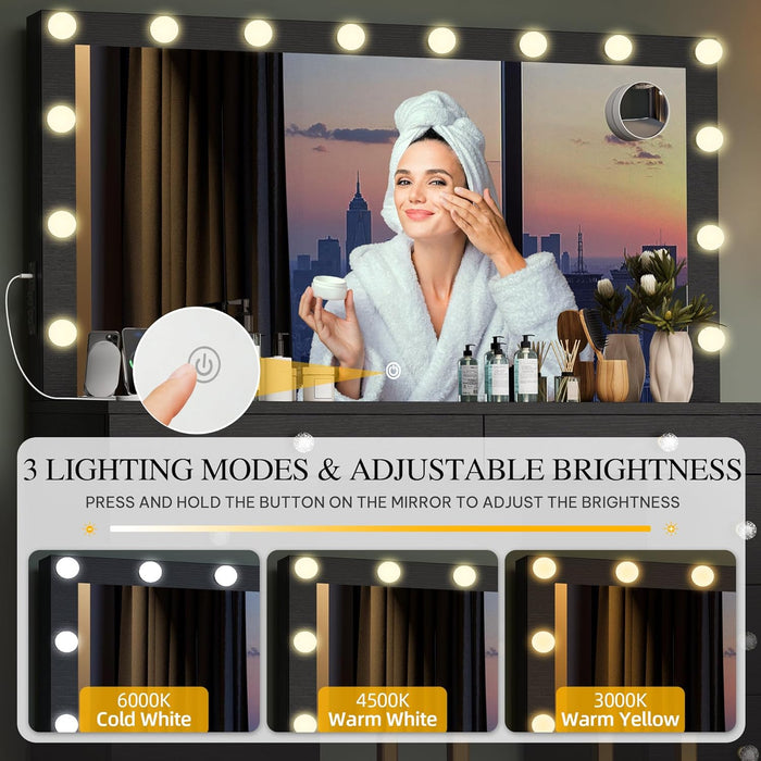 Makeup Vanity Desk with LED Mirror & Light, Large Makeup Table with 8 Drawers, Magnifying Glass, Power Outlets, Hairdryer Holder & Cushion Stool for Dressing Room, Black Vanity Set