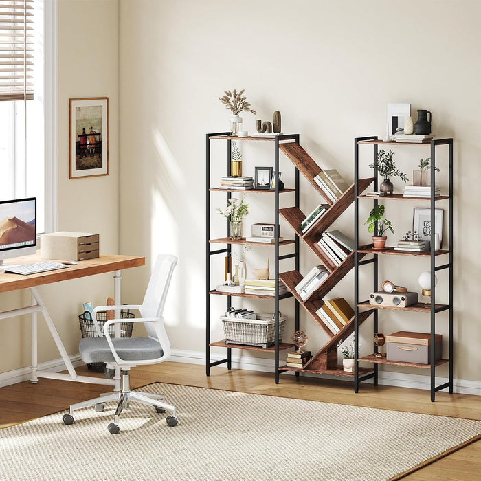 Triple 5 Tier Bookcase, 17 Open Display Shelves Industrial Bookshelf