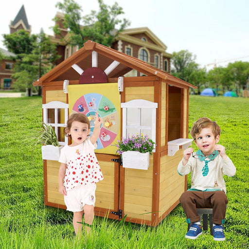 Wood Playhouse for Age 3-6 Years Boy Girl, Outdoor Cottage Playhouse with Door, 2 Windows, 3 Serving Station & Flowerpot Holder, Outdoor Garden Lawn Patio Yard Cottage for 3-6 Age Boy Girl.