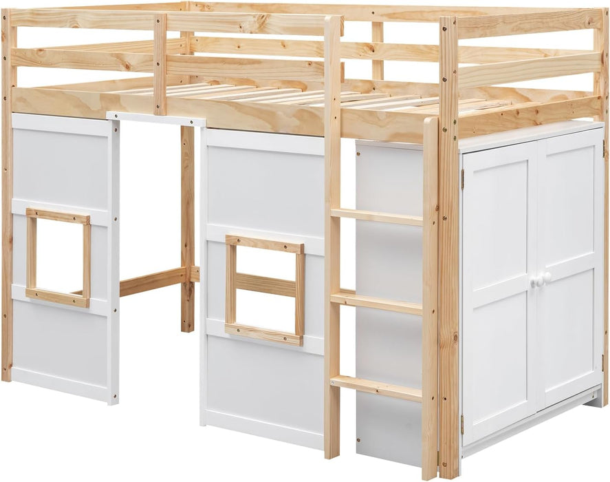 Playhouse Design Twin Size Loft Bed with Built-In Storage Wardrobe and 2 Windows, Solid Wood Loft Bed Frame with Safety Guardrail for Kids Teens Boys Girls, Space-Saving (Whit+Natural)