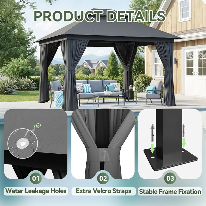 Outdoor Gazebo for Patio 10X12, Metal Frame Canopy with Double Roofs, Heavy Duty Party Tent and Shelter with Mosquito Netting and Privacy Screen for Backyard, Lawn, Garden, Deck