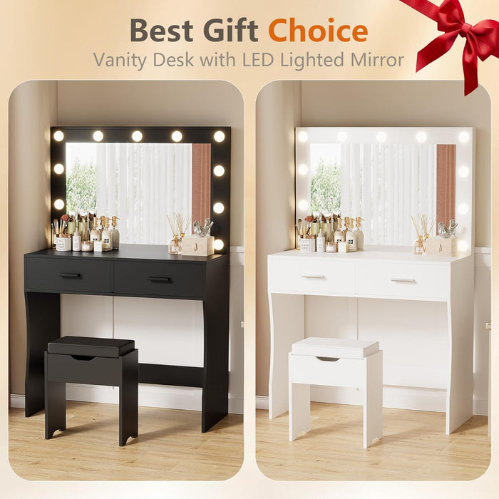 Makeup Vanity Desk with Large Lighted Mirror，35.4 Inch Makeup Vanity Table with 2 Drawers，Soft-Padded Storage Stool，3 Lighting Modes Available, Suitable for Bedrooms（White）