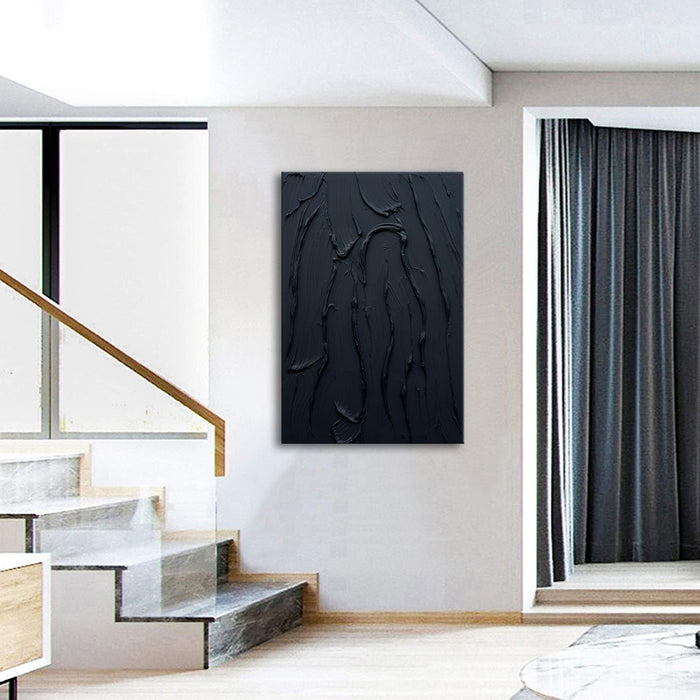 Hand Painted Pure Black Wall Art Minimalist Oil Painting 24X36 Inches Vertical Thick Textured Wall Art Home Office Decoration