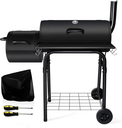 Outdoor Charcoal Grill with Smoker,  14Inch Wide Charcoal Grill with Offset Smoker for Backyard Party Cooking, 438 Sq.In. BBQ Cooking Surface,Black