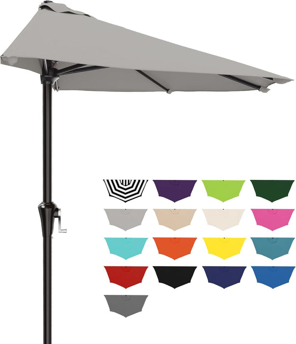 9FT Half Patio Umbrella, Outdoor Wall Umbrella with Crank & 5 Sturdy Ribs, Table 1/2 Umbrella Patio for Garden, Deck, Balcony and Pool, Foggy Gray