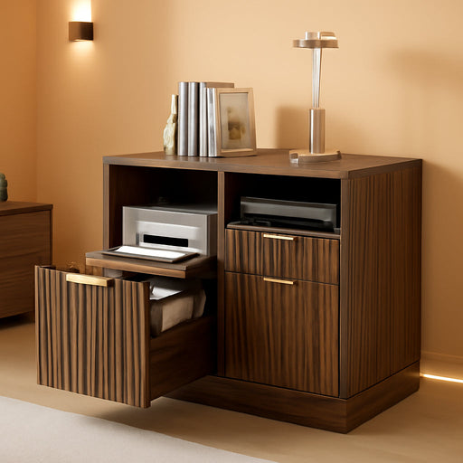3 Drawer File Cabinet, Fluted Wood Lateral Filing Cabinet with Charging Station for Home Office, Fits for A4/Letter-Sized Files, Printer Stand with Open Storage Shelves, Black Walnut