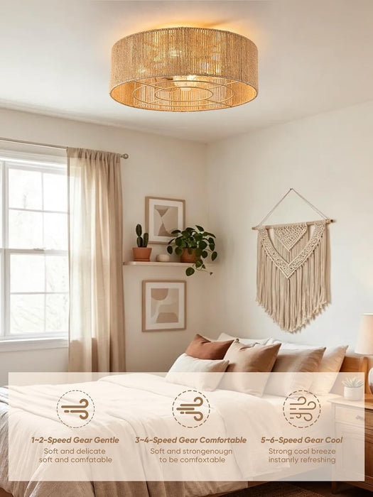 Boho Rattan Caged Fandelier Ceiling Fans with Lights and Remote Control