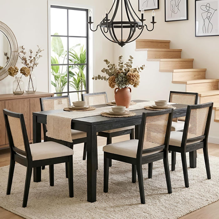 Farmhouse Rattan Dining Chairs Set of 2, Mid Century Modern Kitchen & Dining Room Chairs, Cane Upholstered Kitchen Side Chair with Black Hardwood Frame, Beige