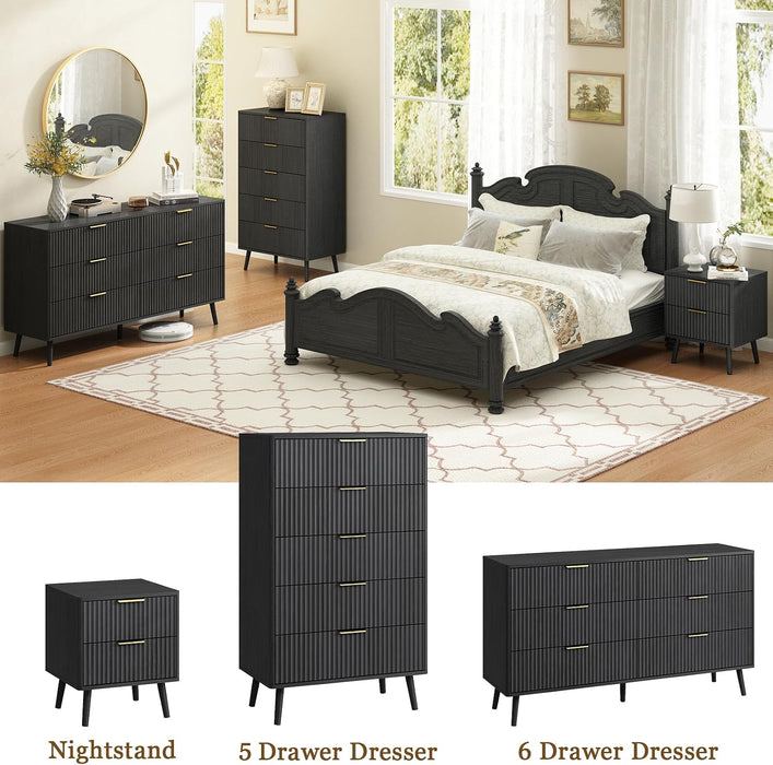 Fluted 6 Double Drawers Dresser for Bedroom, 55”Wide Modern Chest of Drawers with Deep Drawers,Curved Profile Design, Wood Drawer Organizer for Living Room, Hallway, Dark Black