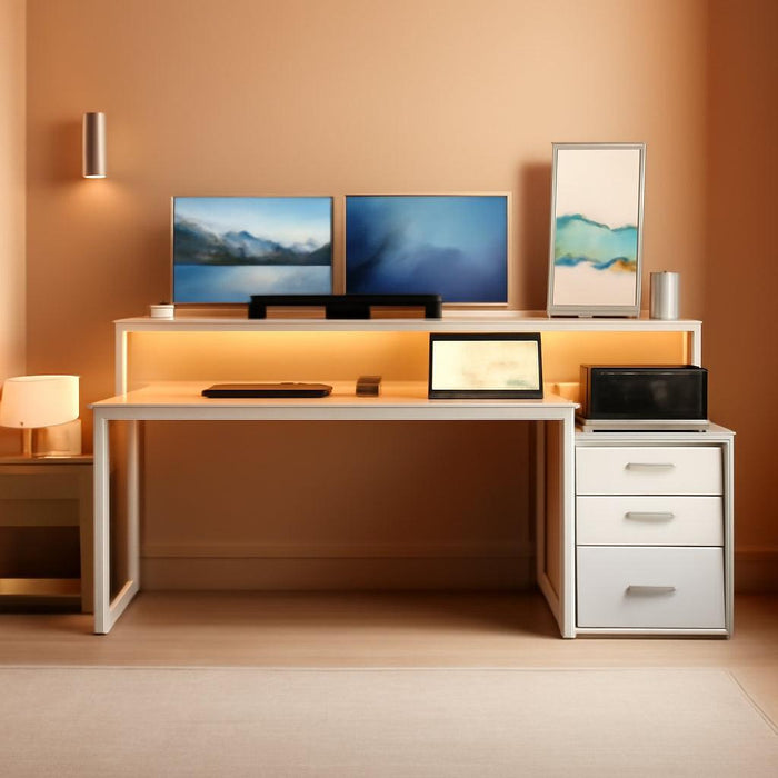 67Inch White Walnut Computer Desk With LEDLighting