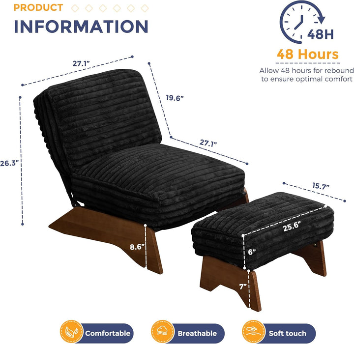 Modern Adjustable Accent Chair with Ottoman, Upholstered Living Room Chair with Footrest Set, Soft Reclining Lounge for Bedroom, Apartment, Office, Black