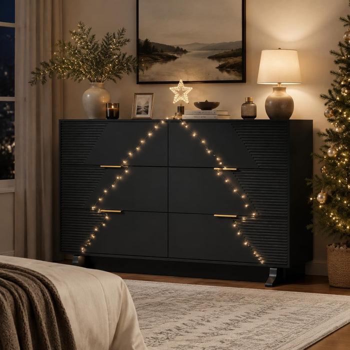 47.24" Wide Dresser for Bedroom, 6 Drawer Black Dresser with Fluted Design & Gold Metal Handle, Chest of Drawers Dressers with Sturdy Base, Wood Dressers for Bedroom, Living Room, Hallway