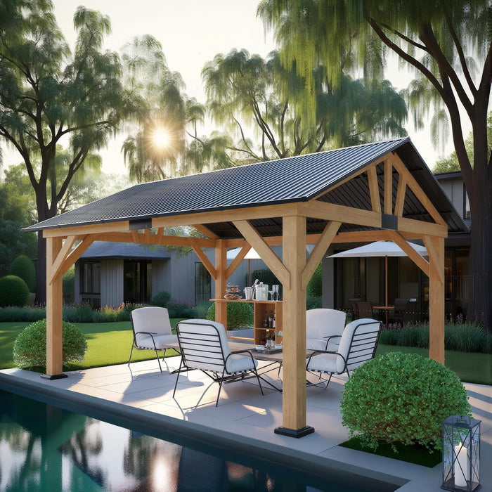 13X15 Ft Spruce Wood Gazebo, Outdoor Gazebo with Bar Storage, Hardtop Wooden Paviloin with Metal Steel Gable Roof, Patio, Garage, Black + Natural Wood